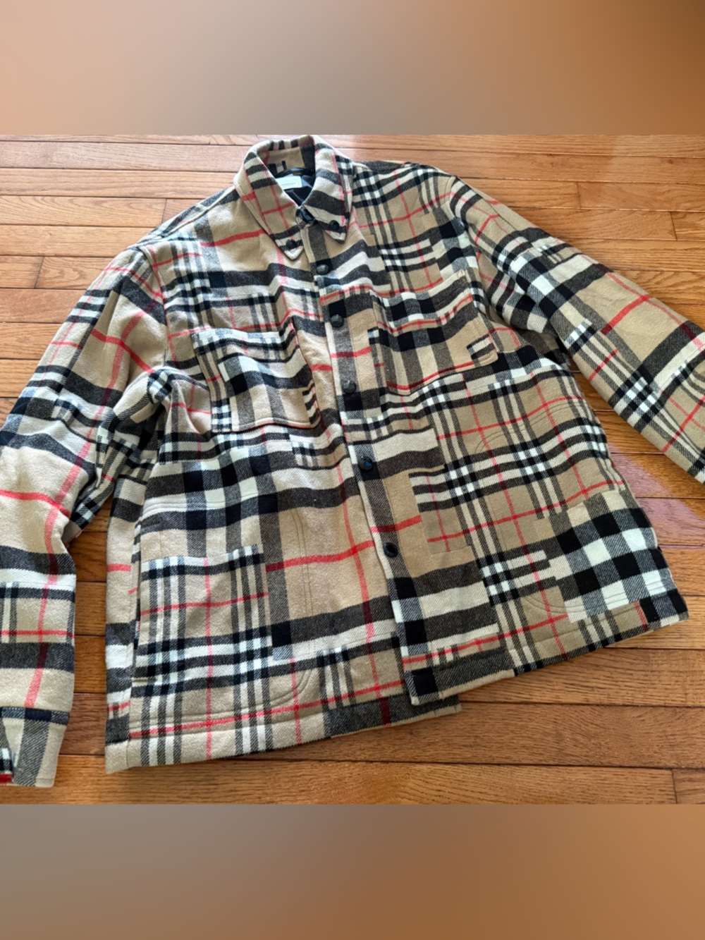 Burberry Men’s Plaid Coat in Tan, Black & Red Accent